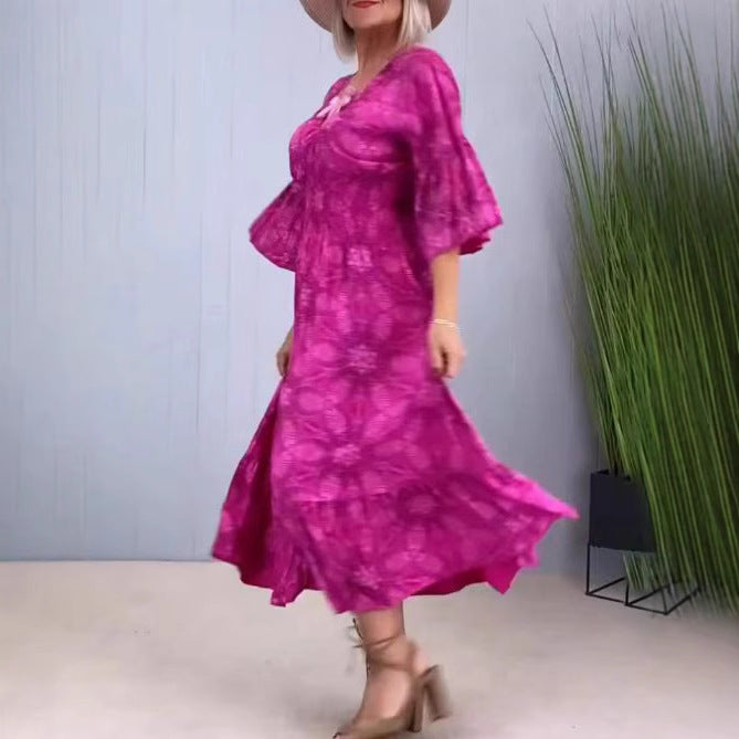 Damen nan fließendes Kaftan-Midikleid mit V-Ausschnitt, lockerer Silhouette, Stufenrock und dreiviertel-Ärmeln EB