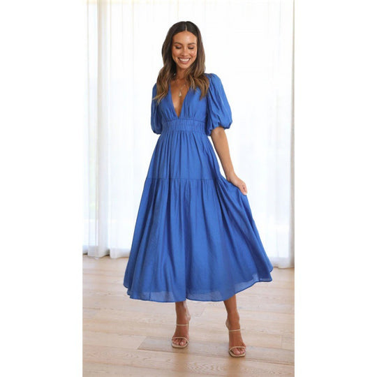 Damen Midi-Kleid mit Puffärmeln und tiefem V-Ausschnitt EB