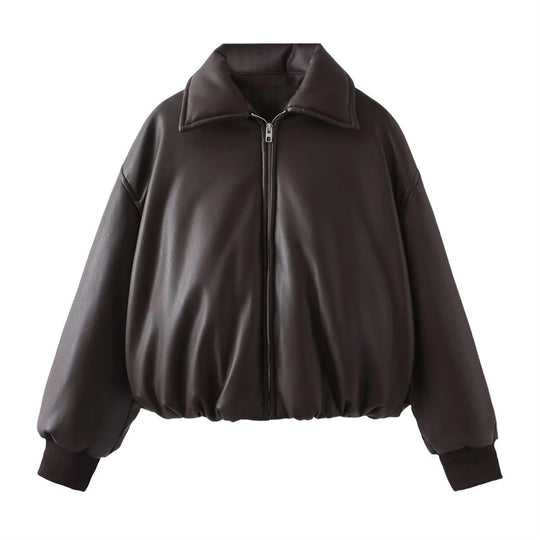 Damen lässige Kunstlederjacke mit voluminösem Schnitt und praktischen Taschen EB