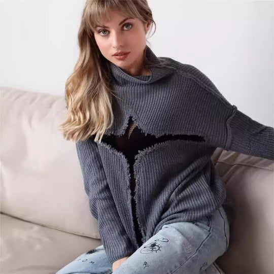Damen Oversized Strickpullover mit aufregendem Mesh-Einsatz und unkonventionellem Design EB