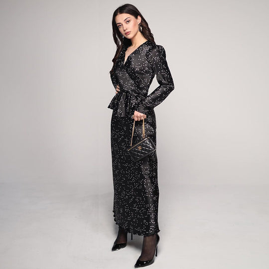 Damen elegantes Maxi-Kleid mit tiefem V-Ausschnitt und tailliertem Design EB