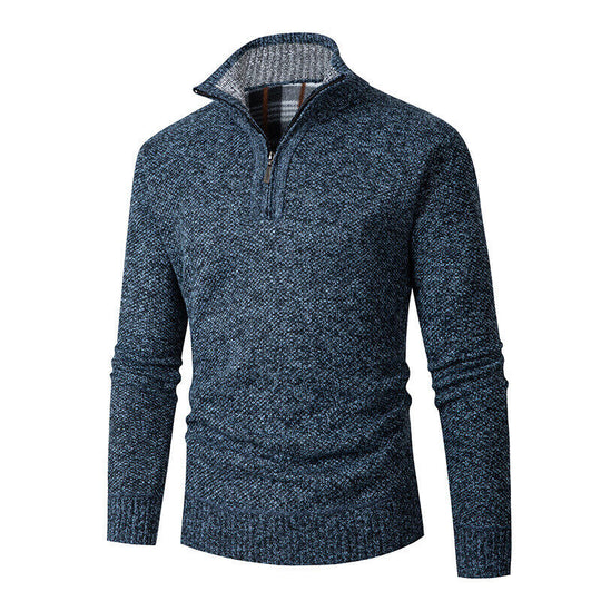 Herren nan grobgestrickter Halfzip-Pullover mit Stehkragen und karierter Krageninnenseite EB
