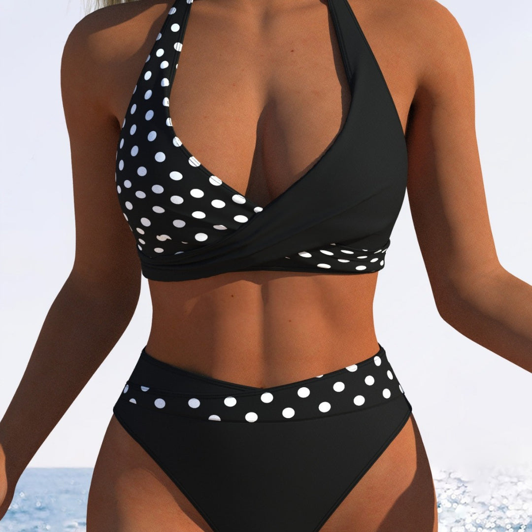 Damen Hoch geschnittenes Bikini-Set mit modischem Wickeloberteil und elastischem Bund EB