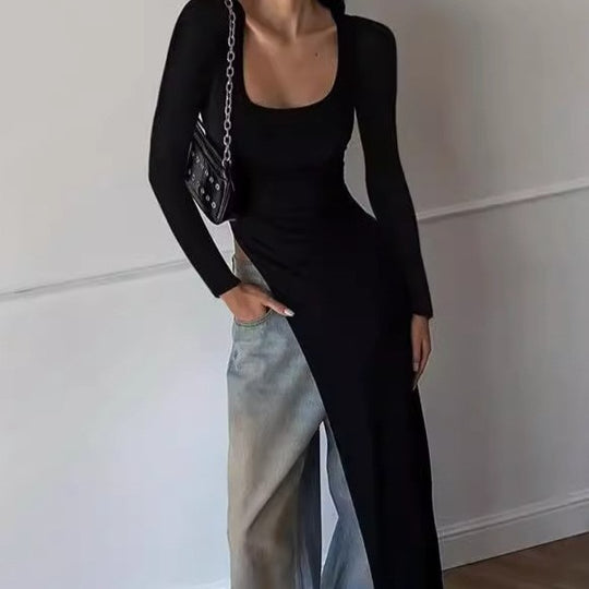 Damen Elegantes langärmliges Kleid mit asymmetrischem Saum EB