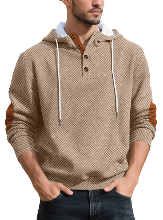 Herren nan strukturierter Kapuzen-Henley-Pullover mit Jacquardstruktur, Knopfleiste und Ellenbogenpatches EB