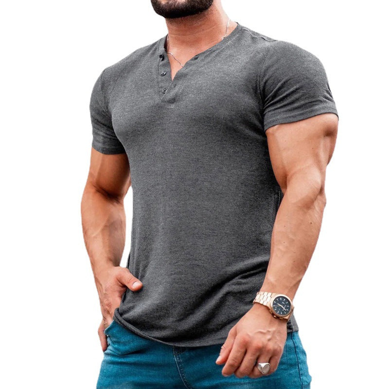 Herren nan muskelbetontes Kurzarmshirt mit Knopfleiste und V-Ausschnitt aus Baumwollstretch EB