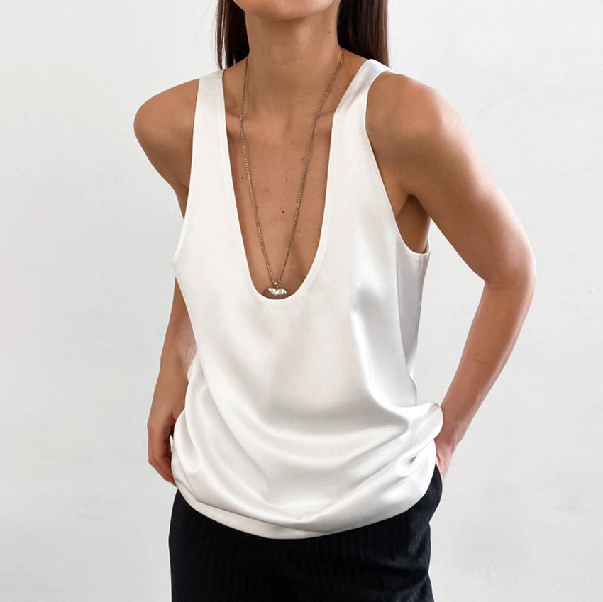 EB | Frauen Satin U Hals T-Shirt Ärmelloses Top