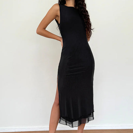 Damen zeitloses Maxikleid mit transparentem Saum EB
