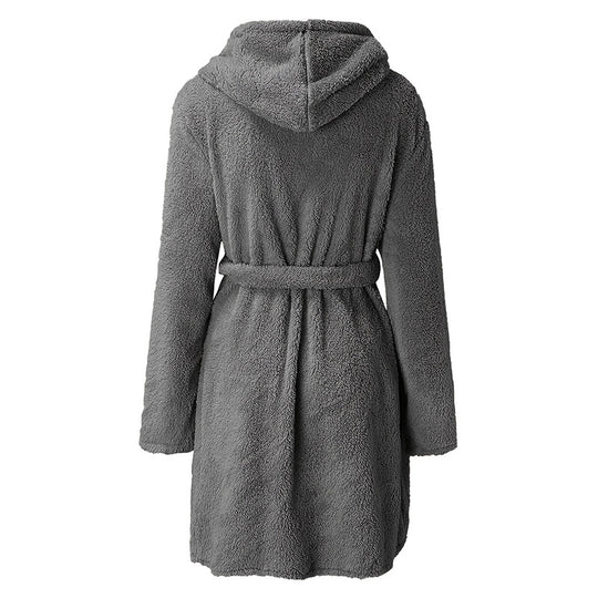 Damen Kuscheliger Fleece-Bademantel mit Kapuze und praktischen Taschen EB