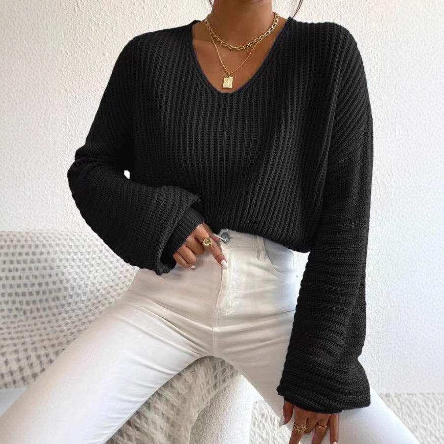 Damen lässiger Strickpullover mit weitem V-Ausschnitt und extra langen Ärmeln EB