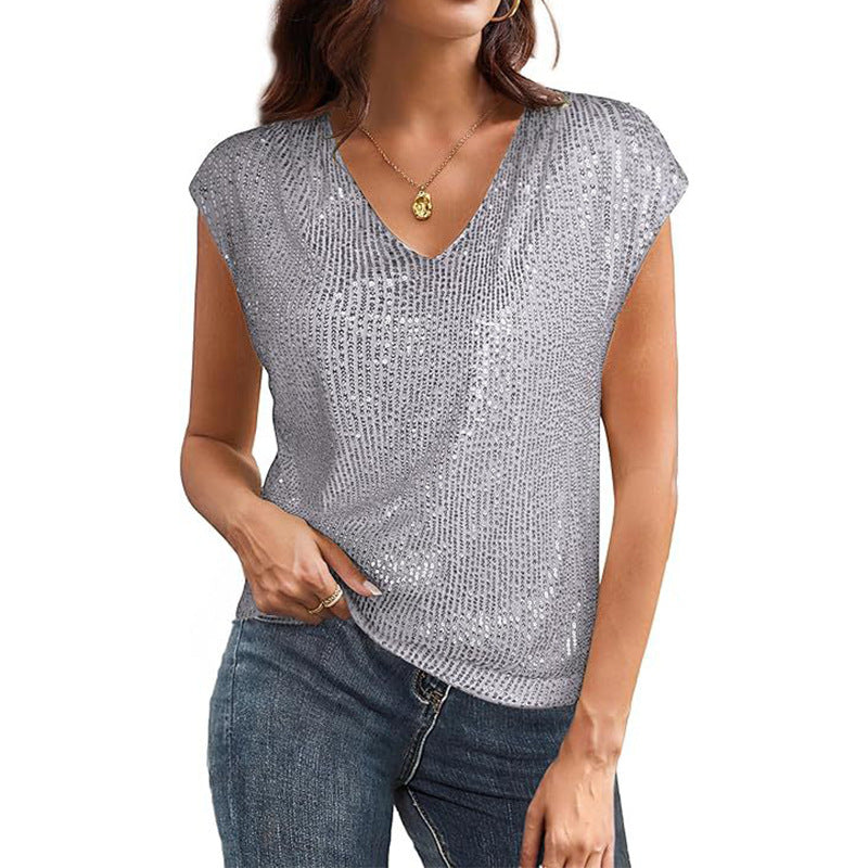 EB | Damen Sexy V-Ausschnitt Pailletten Perlglanz Weste