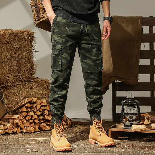 Herren Cargohhose im Camouflage-Joggerstil mit Kordelzug, elastischem Saum und Mehrfach-Taschen EB
