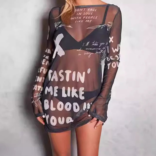 Damen Lässiges Langarmkleid mit kreativem Schriftzug EB