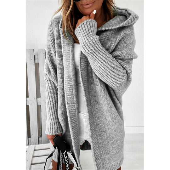 Damen Oversized Strickcardigan mit Kapuze und strukturiertem Design EB