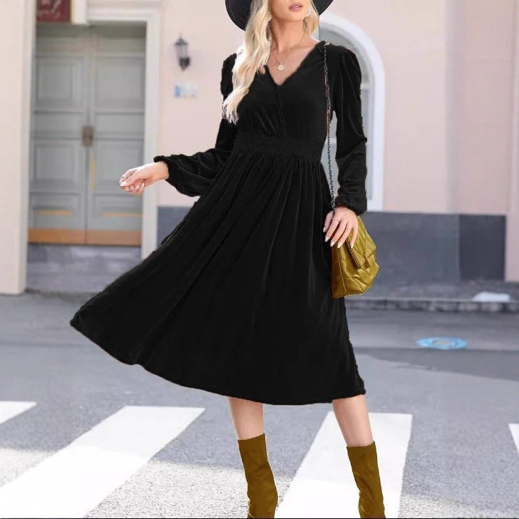 Damen Midikleid aus Samt mit V-Ausschnitt, geraffter Smock-Taille und langen Ballonärmeln EB