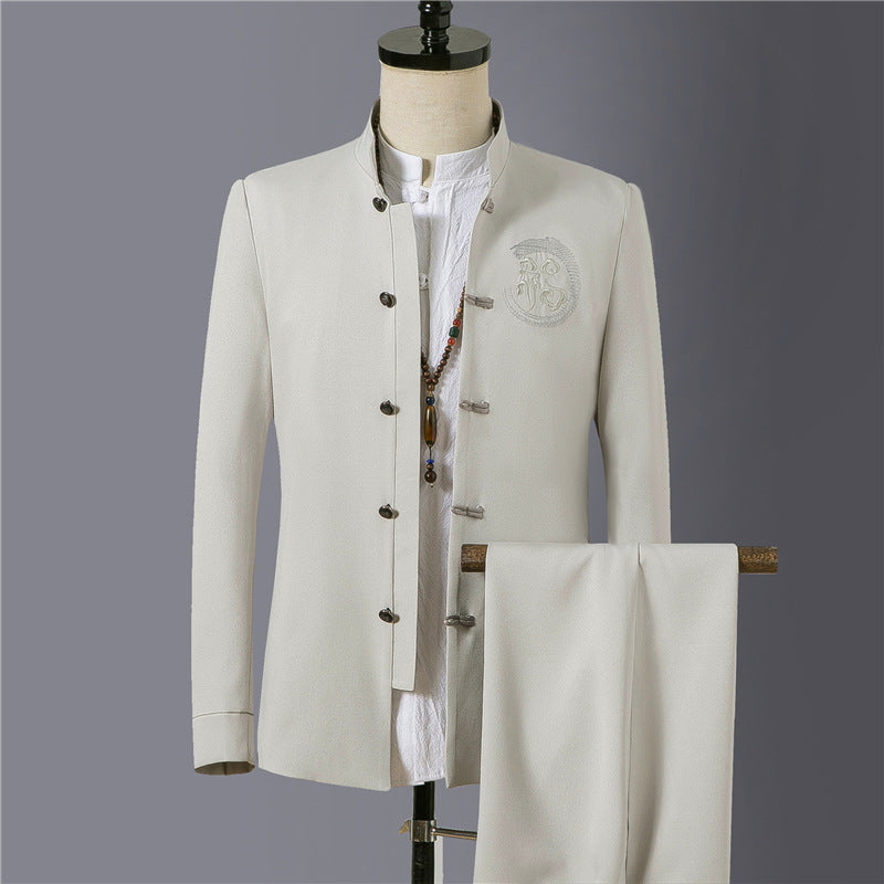 Herren nan asiatisch inspirierte Mandarinjacke mit Stehkragen, Knotenknopfleiste und tonalem Stick-Emblem EB
