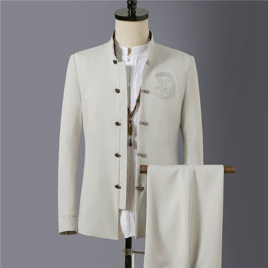 Herren nan asiatisch inspirierte Mandarinjacke mit Stehkragen, Knotenknopfleiste und tonalem Stick-Emblem EB