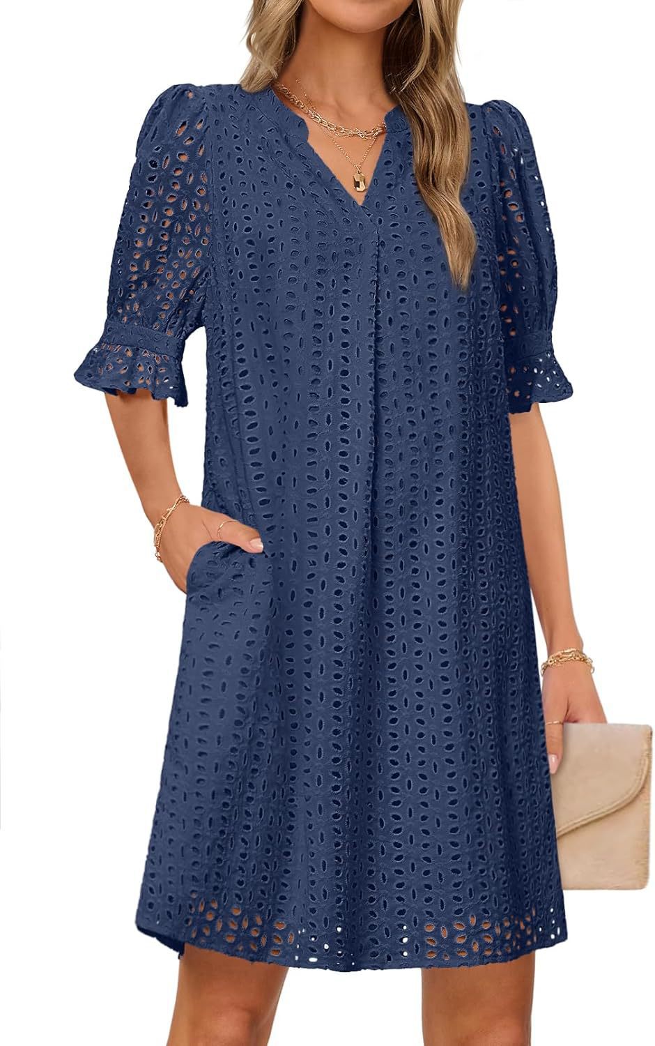 Damen luftiges Blumenkleid mit eleganten Lochdetails EB