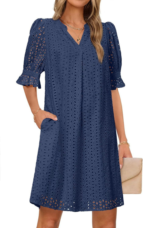 Damen luftiges Blumenkleid mit eleganten Lochdetails EB