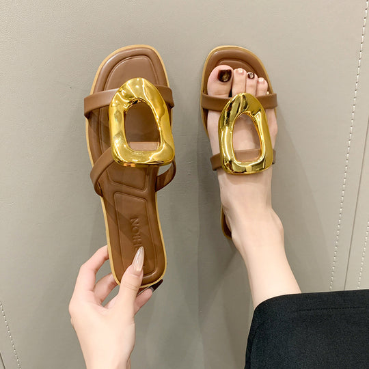 Damen modische Zehentrenner-Sandalen mit elegantem Metall-Detail EB