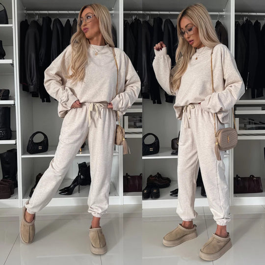 Damen weiches Lounge-Set aus Baumwollmix mit Tunnelzug und elastischen Bündchen EB
