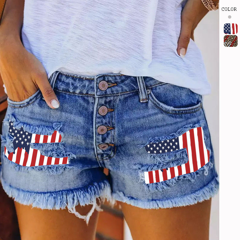 Damen Denim-Shorts mit Vintage-Fransen und patriotischen Applikationen EB