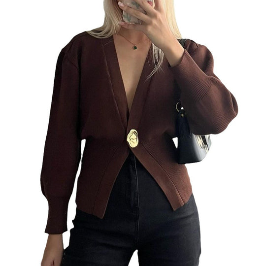 Damen modischer Strickcardigan mit tiefem V-Ausschnitt und dekorativem Knopf EB