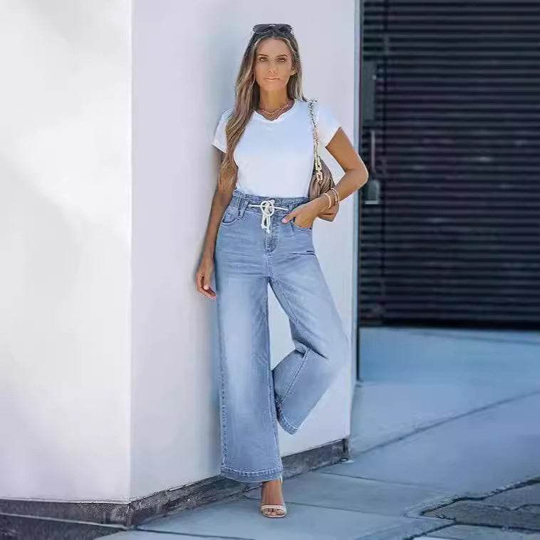Damen nan hochgeschnittene Weitbein-Jeans mit Kordelbund und lässiger Culotte-Silhouette EB