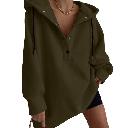 Damen nan kuscheliges Kapuzen-Fleece-Tunika-Sweatshirt mit Druckknopfleiste und überschnittener Schulter EB
