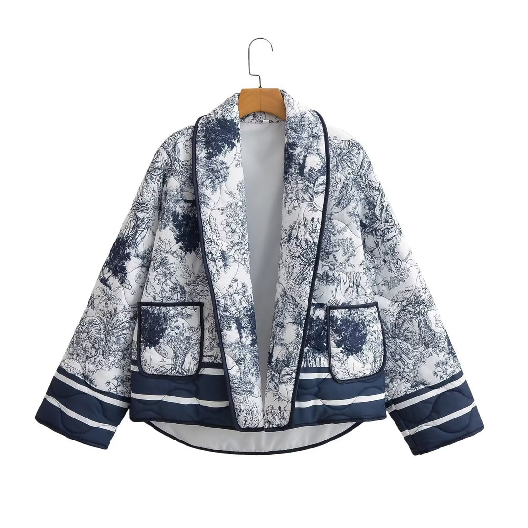 Damen leichte Steppjacke im botanischen Design mit großen Taschen EB