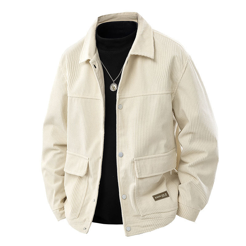 Men's  relaxed corduroy chore jacket with patch flap pockets and metal snap front EB