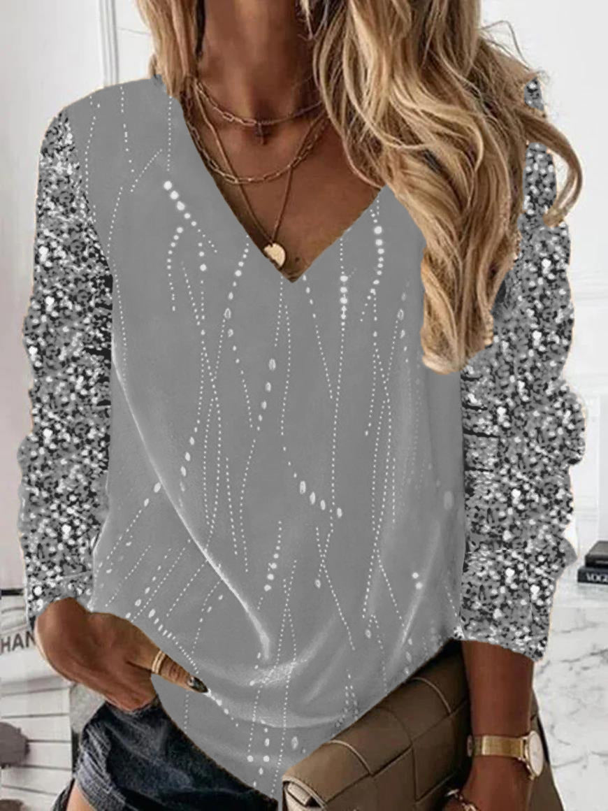 Damen Festliche V-Ausschnitt Bluse mit Paillettenärmeln und leichter Drapierung EB