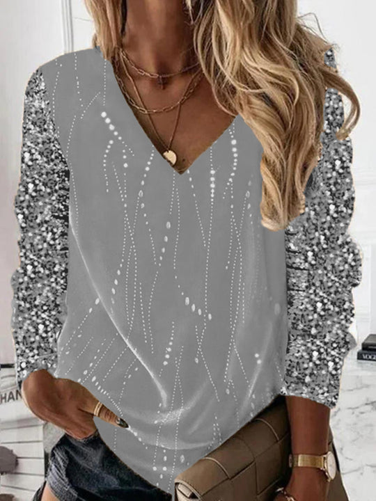 Damen Festliche V-Ausschnitt Bluse mit Paillettenärmeln und leichter Drapierung EB