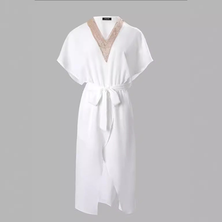 Damen elegantes Kimono-Style Strandkleid mit Gürtel und V-Ausschnitt EB