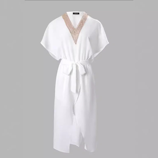 Damen elegantes Kimono-Style Strandkleid mit Gürtel und V-Ausschnitt EB