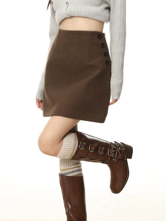 Damen nan A-Linien-Minikrock mit hohem Bund und seitlicher Knopfleiste aus Wollmix EB