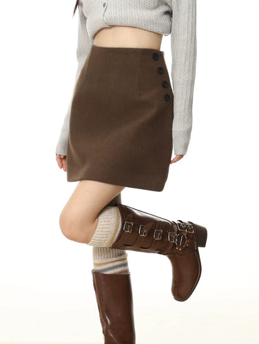 Damen nan A-Linien-Minikrock mit hohem Bund und seitlicher Knopfleiste aus Wollmix EB