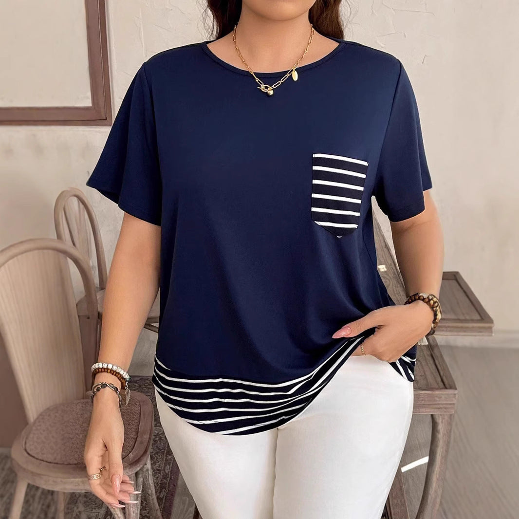 Damen Legeres T-Shirt mit gestreiftem Saum und Brusttasche EB
