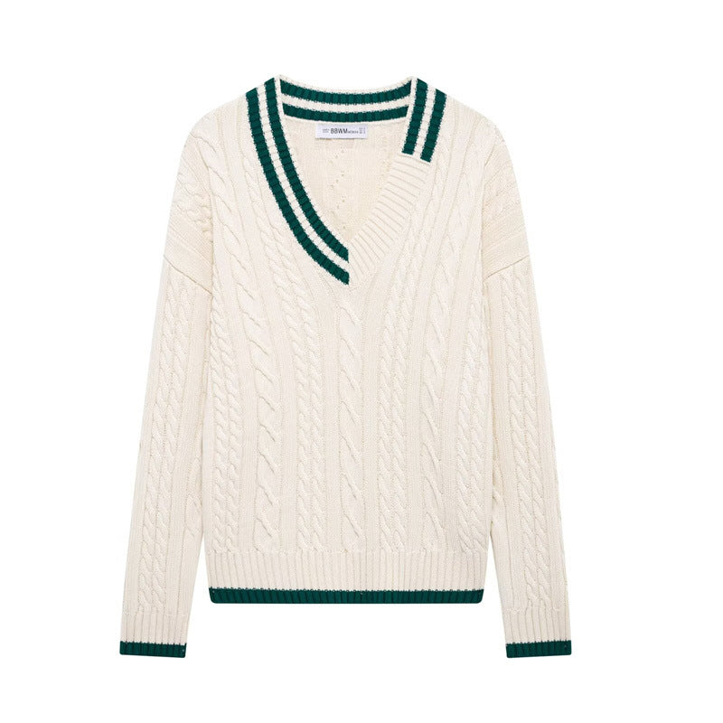 Damen Strickpullover mit V-Ausschnitt und strukturiertem Zopfdesign EB