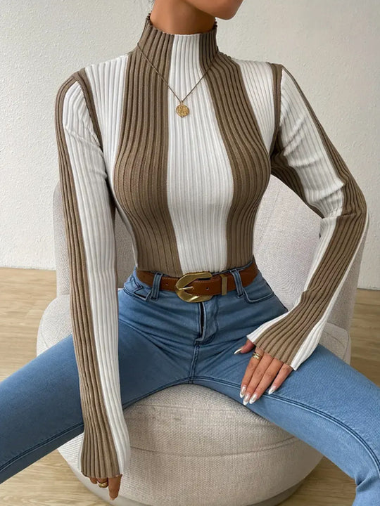 Damen Langarmshirt mit strukturiertem Rippmuster und hohem Kragen EB