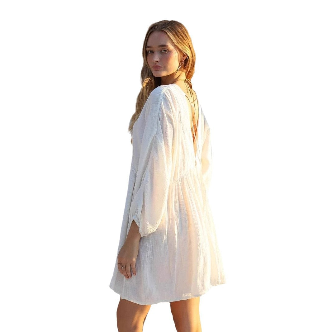 Damen luftiges Sommerkleid mit tiefem V-Ausschnitt und Rüschendetails EB