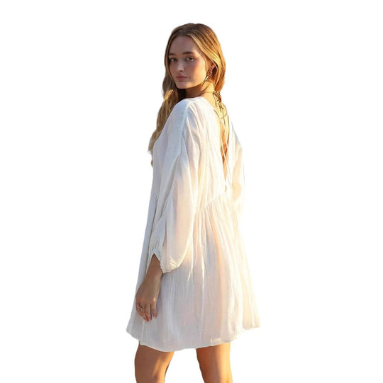Damen luftiges Sommerkleid mit tiefem V-Ausschnitt und Rüschendetails EB
