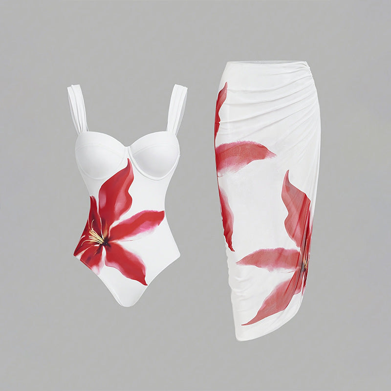 Damen Blumenmuster Badeanzug mit passendem Wickelrock EB