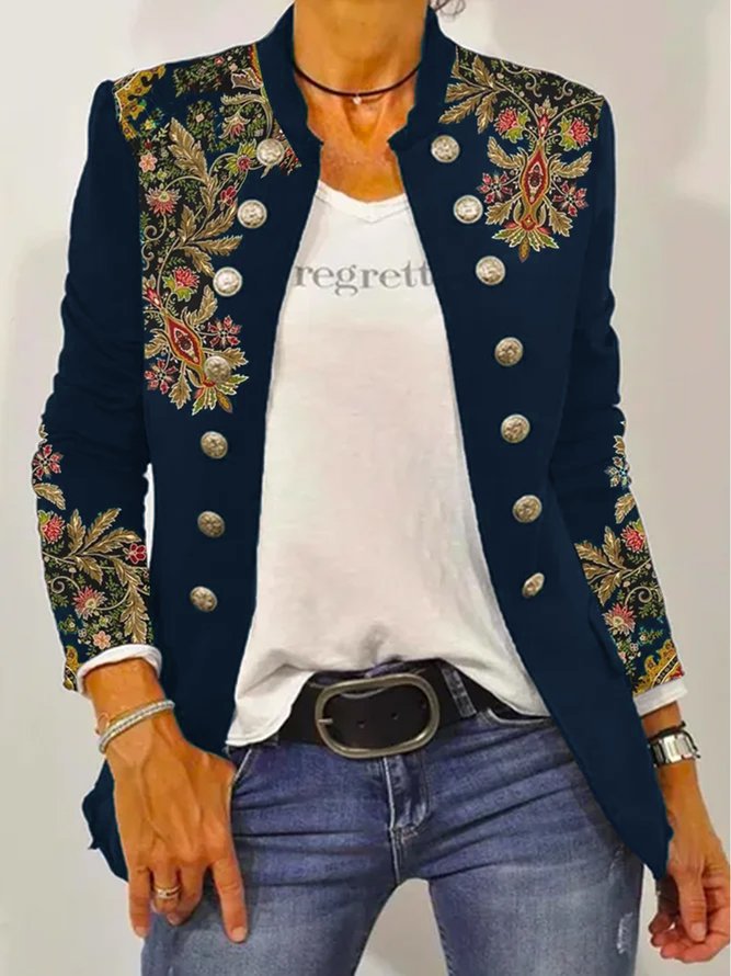 Damen Elegante Blazerjacke mit floralem Stickdesign und kontrastierenden Knöpfen EB