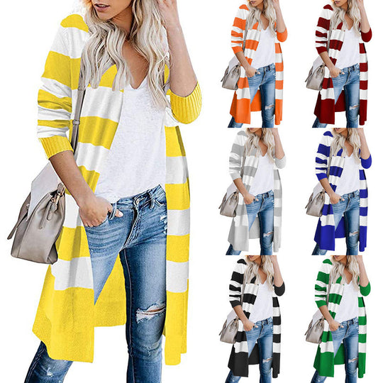 Damen Langer Strickcardigan mit gestreiftem Design EB
