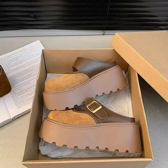 Damen Plateau Clogs mit modischem Schnallen-Design und wärmendem Innenfutter EB