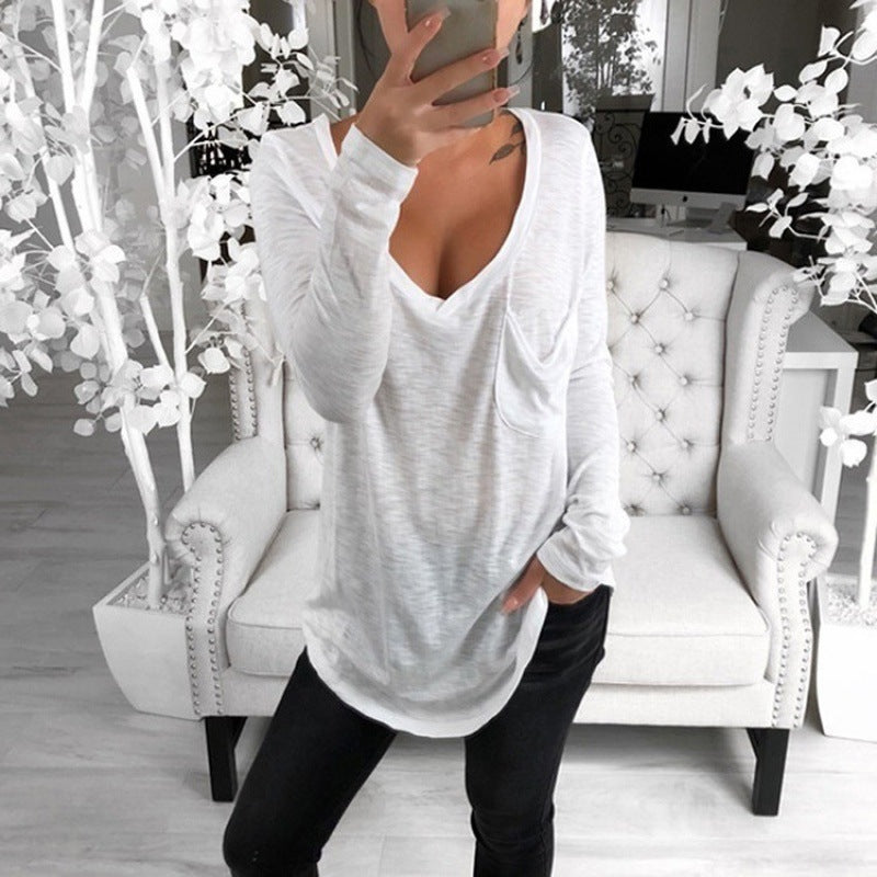 Damen Lässige Oversize Tunika mit V‑Ausschnitt, Brusttasche und verlängertem Saum EB
