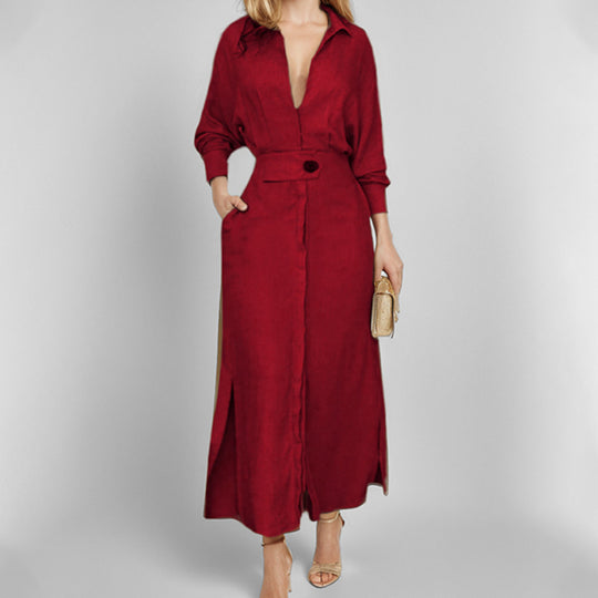 Damen elegantes Hemdblusenkleid mit Taillengürtel und seitlichen Schlitzen EB