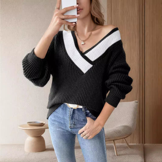 Damen oversized V-Pullover mit strukturiertem Rippstrickdesign EB