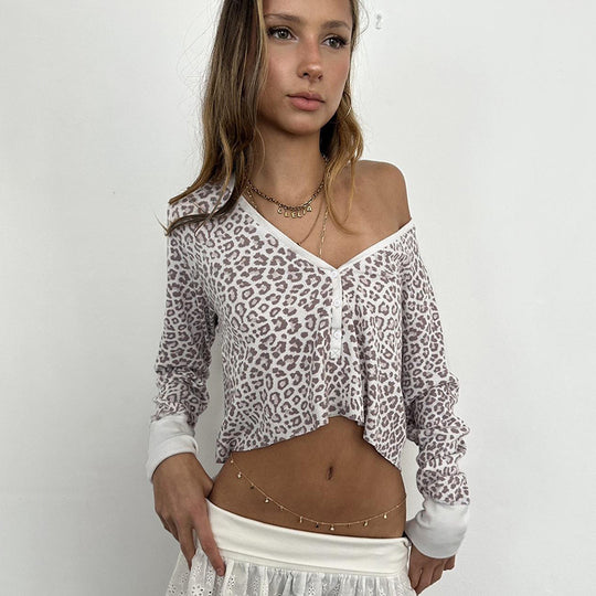 Damen nan figurbetonte Feinstrick-Henley mit Leopardenprint und V-Ausschnitt EB